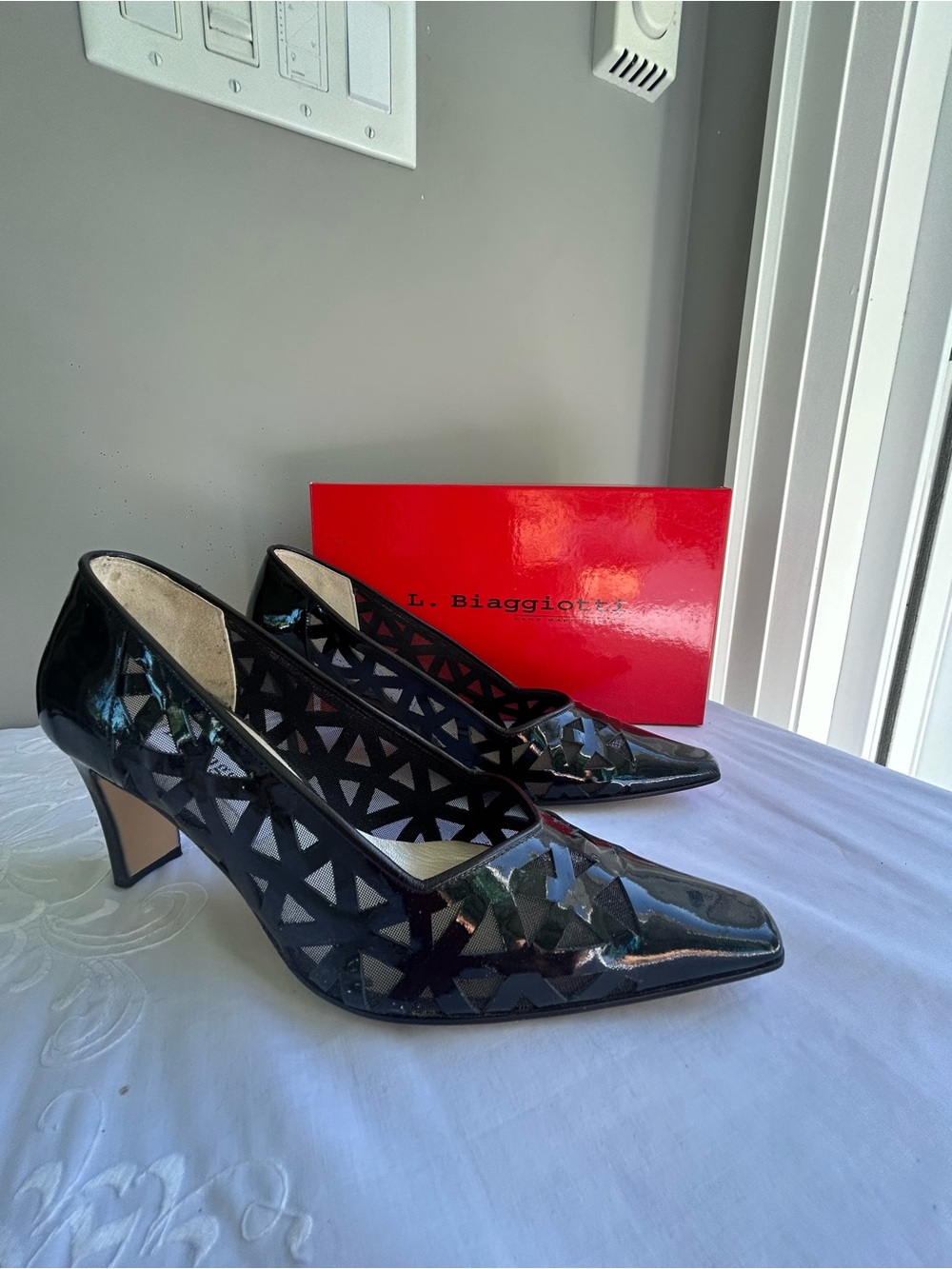 L. Biagiotti Black Patent Pointed Cutout Heels
